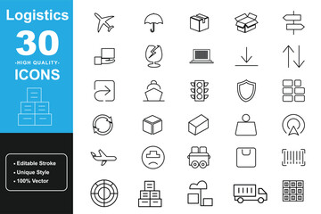Minimalist logistics icons 30 high quality outline set with editable stroke. Containing delivery, shipping, cargo, packaging, transport, warehouse, airplane, truck and more. Thin linear vector icons