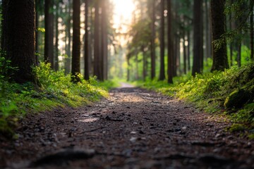 Obraz premium Tranquil forest pathway surrounded by majestic trees lush greenery nature scene serene environment ground level view peaceful journey