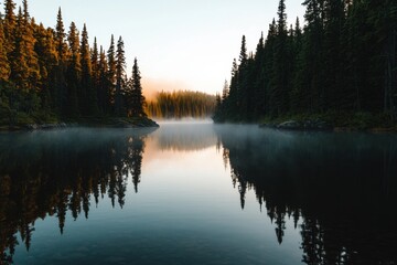 Fototapeta premium Tranquil morning at a misty lake surrounded by tall pine trees in a serene natural landscape