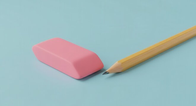 Pink rubber correction tool rests near a sharpened wooden drawing implement on a light blue surface