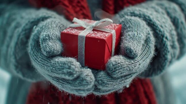 Hands holding a small red gift box in winter snow, celebrating the holidays with a present