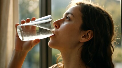 Young woman drinking clear water from glass in morning light, promoting healthy lifestyle, hydration and natural wellness habit. Close-up of female taking sip of water. simple self-care daily routine.