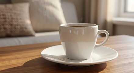 White ceramic cup filled with dark hot beverage rests on wooden surface indoors