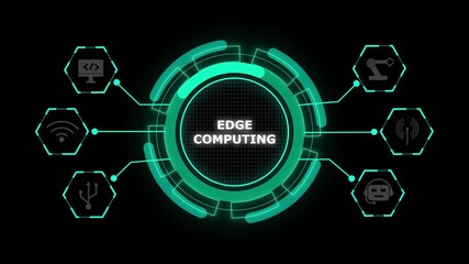 Futuristic edge computing digital interface with glowing neon green circuits and data grid icon. Technology powers modern edge computing. Technology drives smart data processing efficiency. - Powered by Adobe