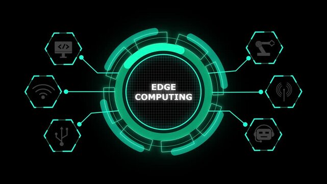 Futuristic edge computing digital interface with glowing neon green circuits and data grid icon. Technology powers modern edge computing. Technology drives smart data processing efficiency. - Powered by Adobe