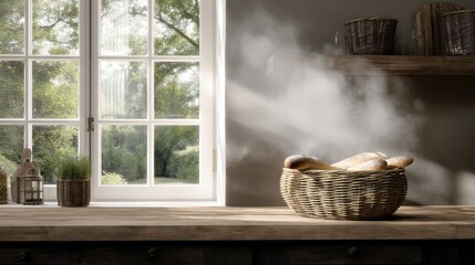Fototapeta premium Basket of bread near window with sunlight streaming through