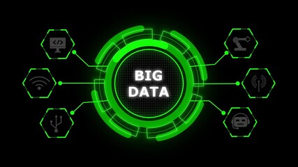 Big data drives advanced digital analytics. Technology strengthens global business innovation. Futuristic green circular interface displaying big data analytics and digital information flow - Powered by Adobe