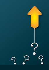 Yellow arrow rising up with white question marks on dark blue background. Concept for business problems, success, achievement and target. Copy space for the text. paper cut design style. Vertical