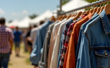 Vintage Clothing. Retro Shirts and Jeans Jackets at Flea Market - Casual Attire Fashion Editorial. High quality