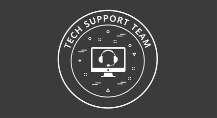 A circular graphic design featuring a computer monitor with headphones and microphone, symbolizing a tech support team.
