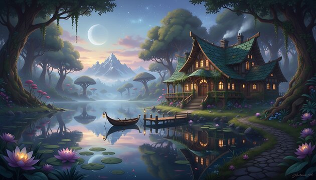 Serene evening scene. A quaint cottage with warm light sits beside a lake with a boat. Mountains and trees surround