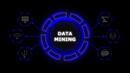 Futuristic data mining interface with glowing blue neon circular HUD elements. Data mining drives modern digital analytics. Technology accelerates intelligent discovery. - Powered by Adobe