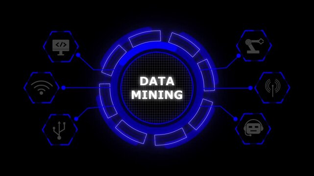 Futuristic data mining interface with glowing blue neon circular HUD elements. Data mining drives modern digital analytics. Technology accelerates intelligent discovery.