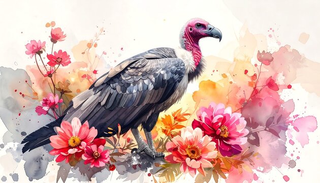 A regal vulture with a striking pink head and gray feathers is surrounded by watercolor floral arrangements. Its sharp gaze portrays power