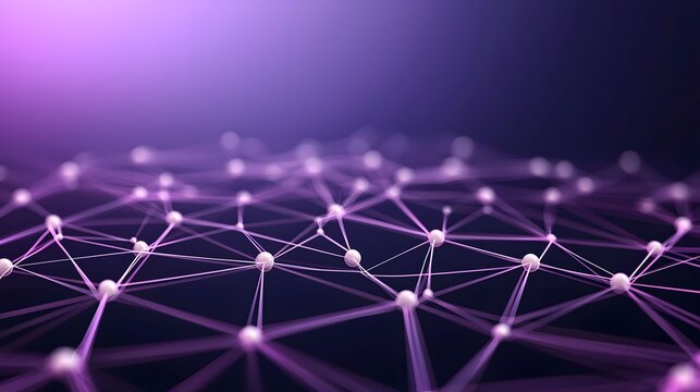 The image displays a network with glowing white spheres connected by thin purple lines against a blurred, gradiated background, evoking science, technology, and connectivity.