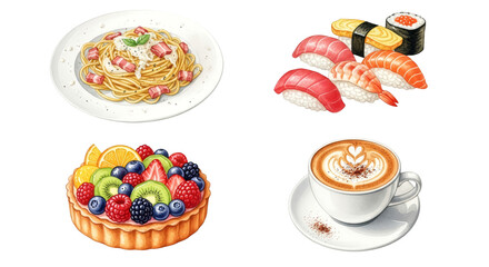 Delicious assortment of Italian pasta sushi fruit tart and coffee.