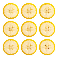 Sliced Banana Circles: Nine perfect slices of a ripe banana, each revealing the fruit's intricate texture and vibrant yellow color in an inviting display.