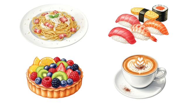 Delicious assortment of Italian pasta sushi fruit tart and coffee.
