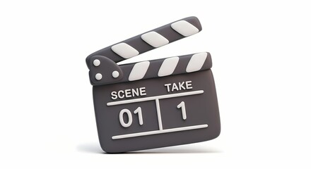 A sleek 3D render of a movie clapperboard slate, marking the beginning of scene one, isolated on a clean white background