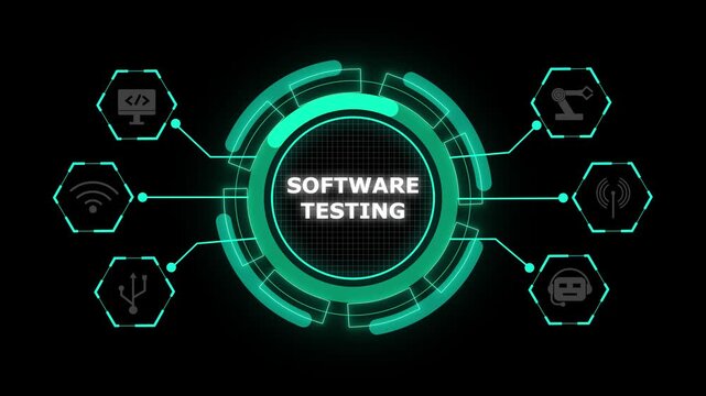 Digital software testing interface with glowing neon circles and grid background icon. Software testing ensures modern digital quality. Technology strengthens system validation performance.
