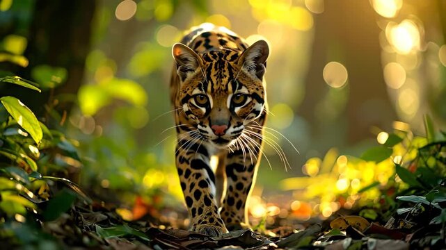 Ocelot Strolling Through Lush Green Forest - A Wildlife Adventure.