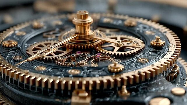 Close-up of intricate clockwork gears in motion