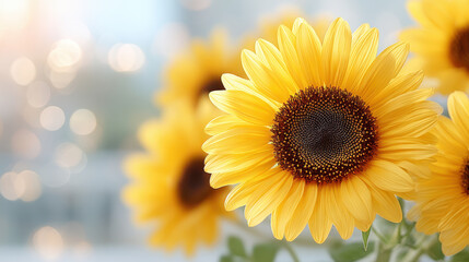 Fototapeta premium Bright sunflowers symbolize wellness and relaxation, bringing sense of therapy to any space. Their vibrant yellow petals radiate joy and warmth, perfect for enhancing any environment