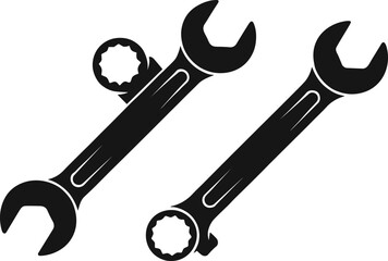 wrench, tool, mechanical, repair, maintenance, hardware, metal, silhouette, open-end, box-end, icon, vector, black, white, industrial, equipment, cad drawing flat vector illustration