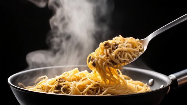 Steaming pasta dish held in a spoon over a pan with a black background