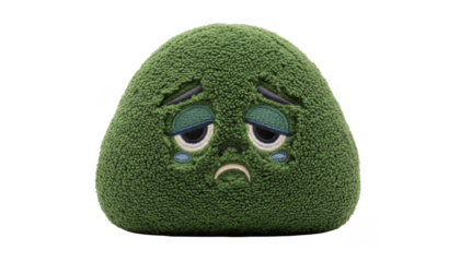 Sad Green Avocado Plush Toy With Embroidered Face on White Background