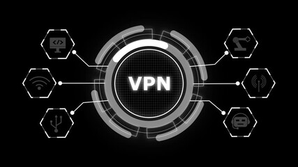 Futuristic vpn interface circular hud element with glowing lines and grid background. VPN security protects digital privacy. VPN technology strengthens secure online access. - Powered by Adobe