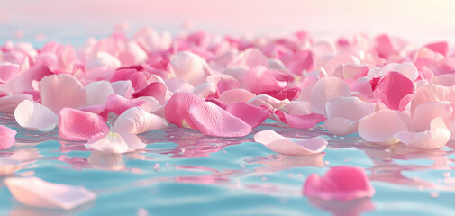 Obraz premium Soft pink and white flower petals float gracefully on tranquil water, creating serene atmosphere perfect for spa wellness and relaxation therapy. gentle ripples enhance calming effect