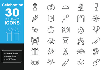 Minimalist celebration icons 30 high quality outline set with editable stroke. Containing party, gift, champagne, music, decoration, balloons, star, mask and more. Thin linear vector icons