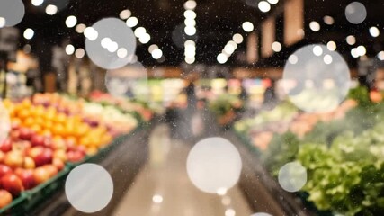 Blurred view of a supermarket produce aisle filled with vibrant fruits and vegetables, conveying fresh grocery selections, colorful market atmosphere, and premium food shopping experience.