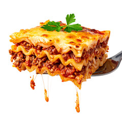 Savory Lasagna Delight: A forkful of delectable lasagna, showcasing layers of pasta, rich meat sauce, and melted cheese, garnished with a sprig of fresh parsley, promising a taste of comfort.