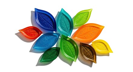 Colorful leaf-shaped dishes arranged in a circular pattern on a white background conveying nature