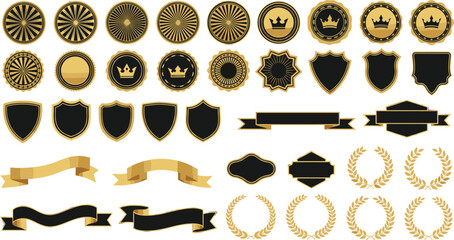 Premium Vector Collection of Luxurious Gold and Black Badges, Elegant Ribbons, Vintage Laurels, and Royal Emblems for Graphic Design and Branding Projects