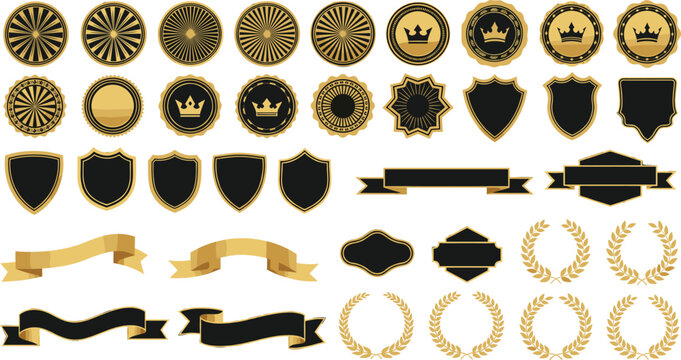 Premium Vector Collection of Luxurious Gold and Black Badges, Elegant Ribbons, Vintage Laurels, and Royal Emblems for Graphic Design and Branding Projects