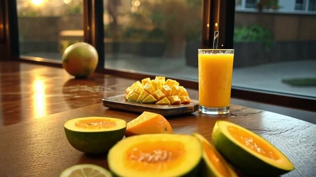 Fresh mango juice and slices in sunny kitchen setting captured in warm morning light