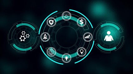 Business tech drives modern digital growth. Technology innovation strengthens global progress. Futuristic digital interface displaying business icons for growth strategy and global connection. - Powered by Adobe