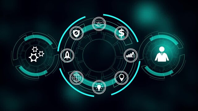 Business tech drives modern digital growth. Technology innovation strengthens global progress. Futuristic digital interface displaying business icons for growth strategy and global connection.