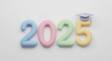 Class of 2025 graduation concept featuring pastel 3D numbers and a celebratory mortarboard academic cap on a clean background