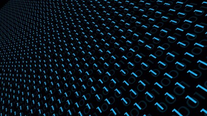 Digital binary code background blue color, Shiny numbers of 1 and 0 animated to change randomly 
