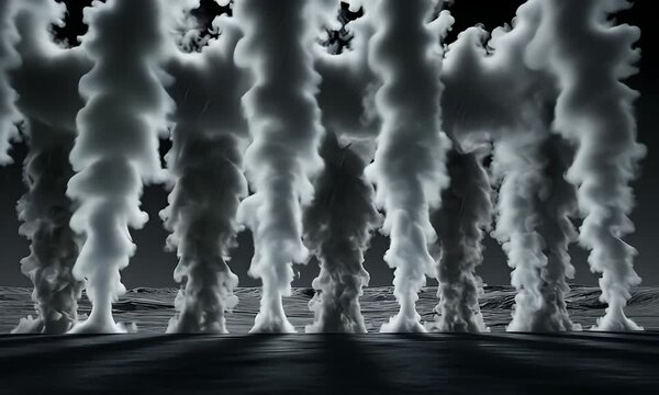 Ominous towers of thick smoke billowing into a dark sky, a powerful statement on industrial pollution and climate change