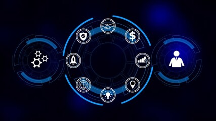 Futuristic digital interface displaying business icons for growth strategy security innovation. Technology drives modern digital business. Innovation strengthens global partnership growth. - Powered by Adobe