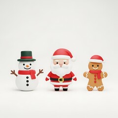 Whimsical winter holiday scene with 3D models of Santa Claus, a friendly snowman, and a gingerbread cookie character