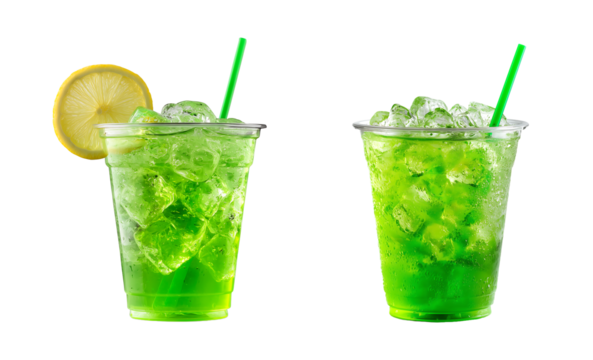 Neon Green Iced Drink with Lemon and Straw isolated on transparent background