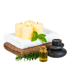 Spa Oasis: An inviting still life of relaxation, with soft lit candles, folded towels, and balanced stones representing the core elements of a spa experience. 