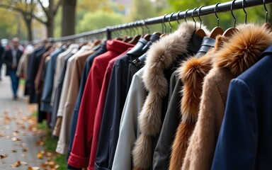 flea market in the public park and the coats and furs and other used clothes in the vintage clothing stall. High quality