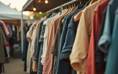 Vintage second hand clothes hanging on shop rack at weekly flea market - Hipster wardrobe sale concept and alternative retro moda fashion styling - Soft desaturated nostalgic filtered look